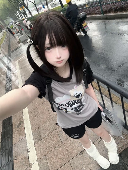 Polka Dot Kawaii Print T-Shirt Wear Kitten Gray Black Design and Colorblock Daily -