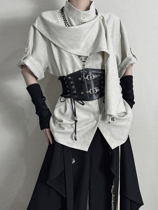 and Belt Short Collar Lace-up with Green Shirt Light Sleeve Mandarin Black Corset Design