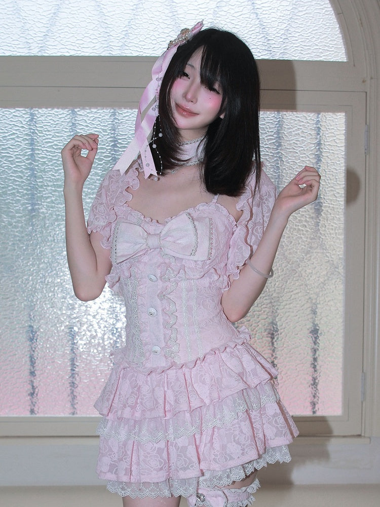 Pink Jacquard Puff Sleeve Cropped Cardigan - HBreaker