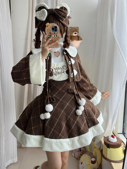 for Coat Lolita Dress Sweet and Paired Autumn with Winter Cherry Brown Embroidered Plaid