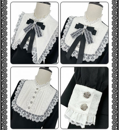 Set: Shorts Pointed Long Bow Black Gothic Tie Full White Landmine Faux Sleeve Detachable Collar Cape + Top Style