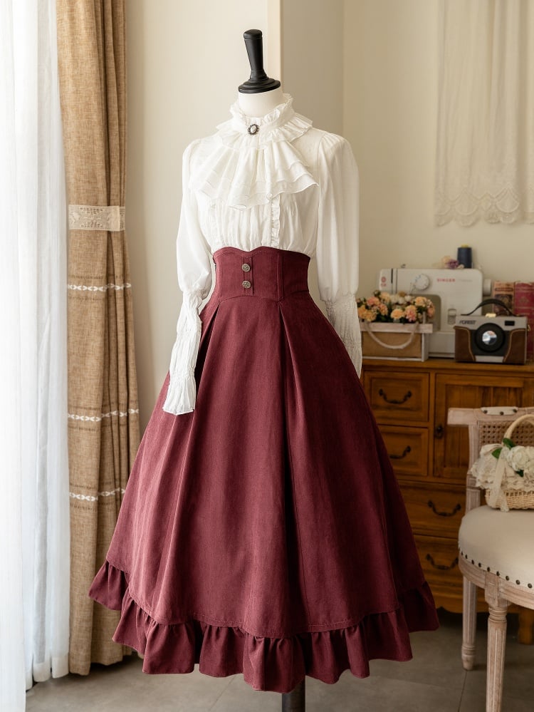 ヴィンテージ秋冬レッドベスト/ボーン入りハイウエストスカート