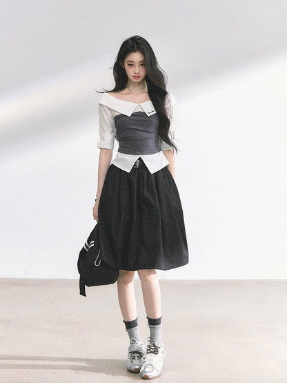 Blue Shirt Striped Foldover Collar Gray/Navy Neckline Off-the-shoulder