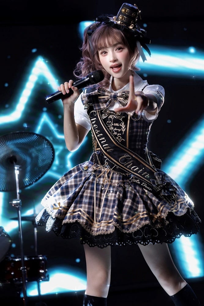 Blue Idol Lolita Plaid JSK Dress with Golden Bear Embroidery and Black Scalloped Hem - LiLi Chain