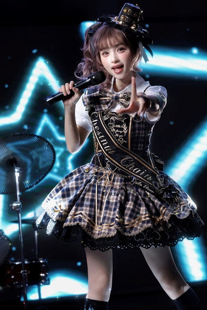 Blue Idol Lolita Plaid JSK Dress with Golden Bear Embroidery and Black Scalloped Hem - LiLi Chain