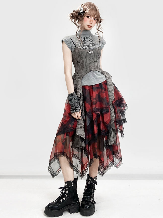 Krawatte Roter Besatz Spitzensaum Y2K Rock Taschentuch Farbstoff Stufen