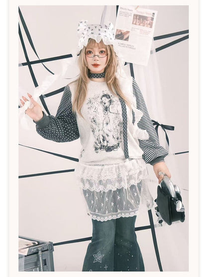 Print Anime with Girl Polka Size Striped Y2K Sleeve White Top Plus Dot