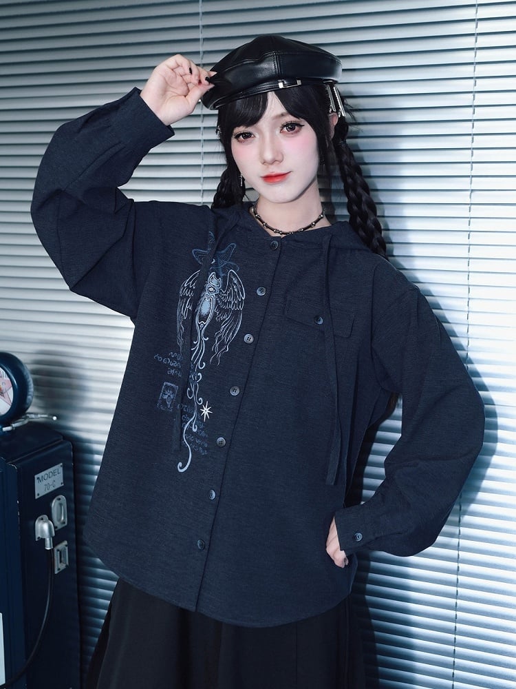 Navy Long Sleeve Hooded Shirt with Sea Angel Graphic Print - Quirky Hut