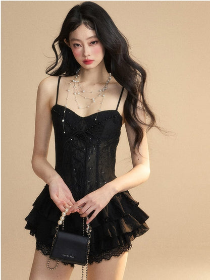 Puffy Tiered Dress with Lace-up Detail at Front Skirt Black Cami Mini