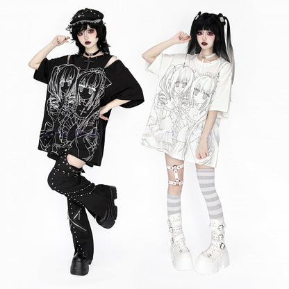 Girl Short-Sleeve Gray Cutout Top Landmine Shoulder White Printed Style