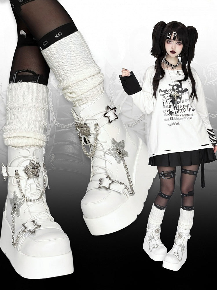 PU White Punk Platform Boots - Star Accents, Detachable Chain Charm & Multi-Fastening System