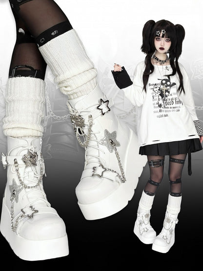 PU White Punk Platform Boots - Star Accents, Detachable Chain Charm & Multi-Fastening System