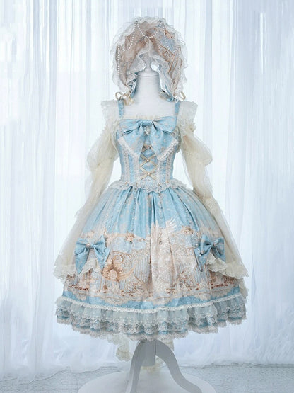 with Skirt Dress Classic Elegant Unicorn Lolita Beaded Chain Print and Waist Blue Overlay