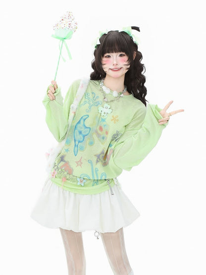 Sun Protection Long Top Vibrant Loose-Fit White/Green Sleeve Print