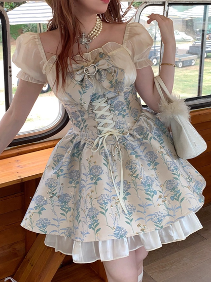 Floral Sleeve Lace-Up Blue Dress Puff with Front Jacquard Waist
