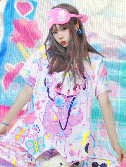 ファッションプリントの漫画袖ギャルショートカラフルシャツ