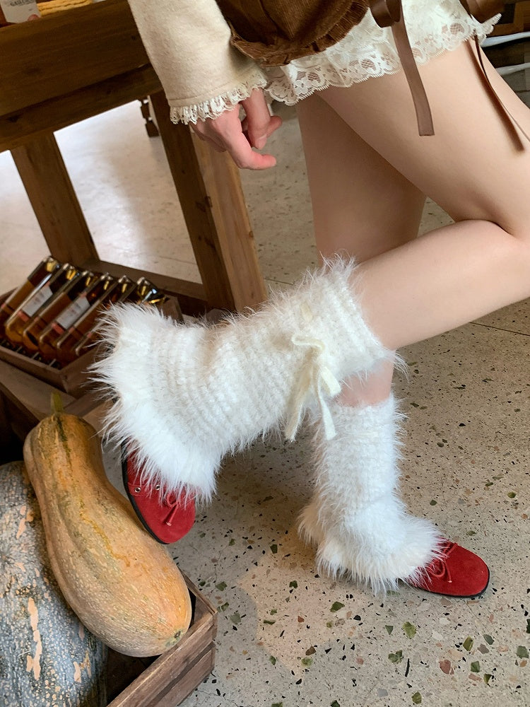 Fluffy Knit Bow Leg Warmers - Sweet Lolita Kawaii Accessory | LilyVow