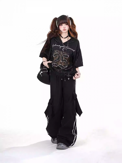 Black/White V-Neck Number Print Contrast Lace Patches Loose T-shirt