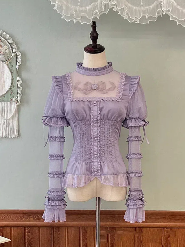 フリルネックライン袖付きシャツ パープル ショート丈 取り外し可能