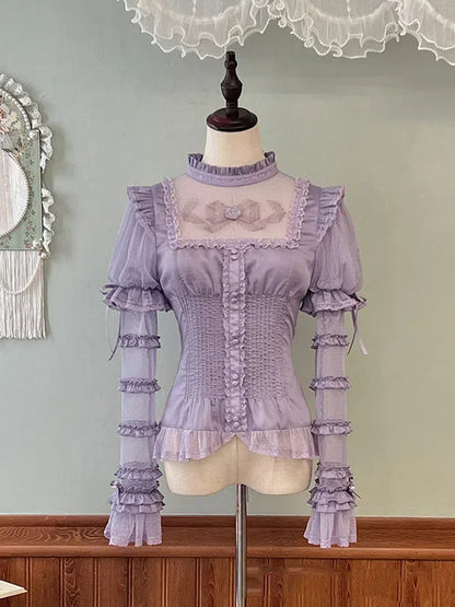 フリルネックライン袖付きシャツ パープル ショート丈 取り外し可能