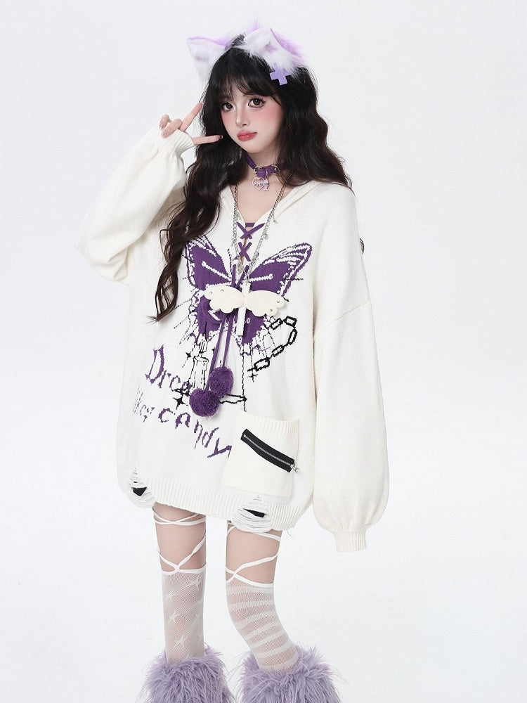 Pattern and Pom-Pom Details V-Neck Balloon Sleeve Knit Sweater with Butterfly Colors | 4