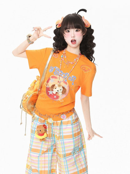 Orange Crew-Neck Tee with Fruit & Star Motif - Languid Park