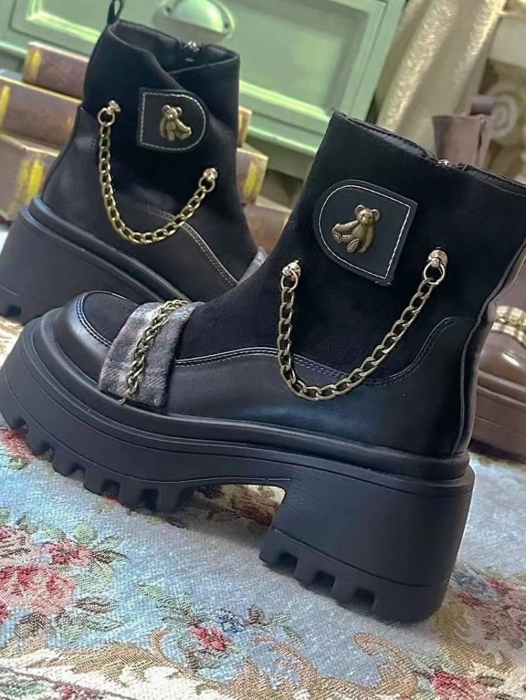 with Bear Style Closure Platform Black Zip Boots High-heel Preppy Accents Inner