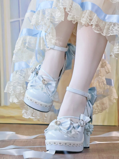 Platform Details Lolita Sweet Block Bow Heart Blue Sculpted High - Sky with Heel Janes Mary Accents