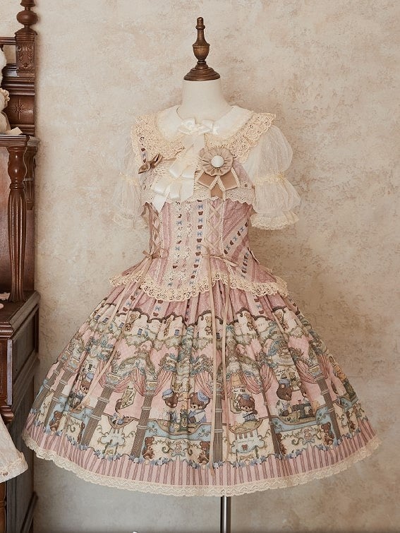 Beige Neckline with Blouse Lace-Trimmed Puff Sleeves