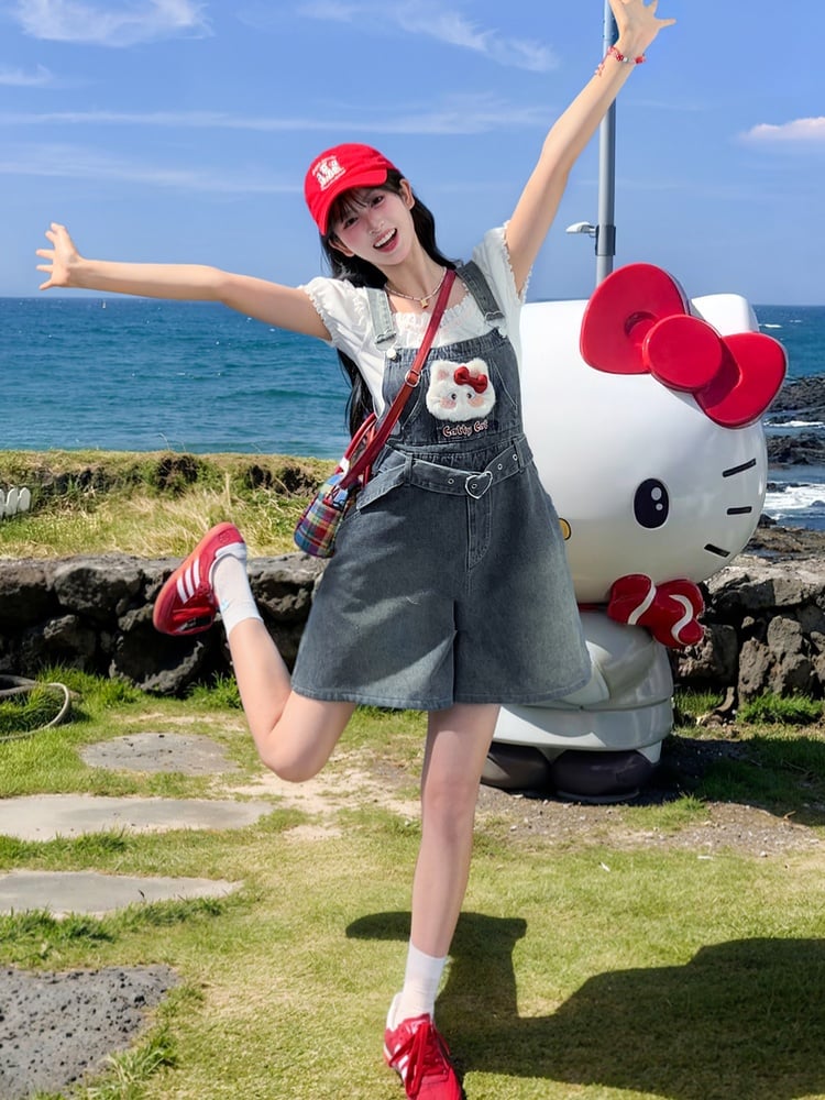 襟付きぬいぐるみキティパフスリーブTシャツホワイトフリルレース