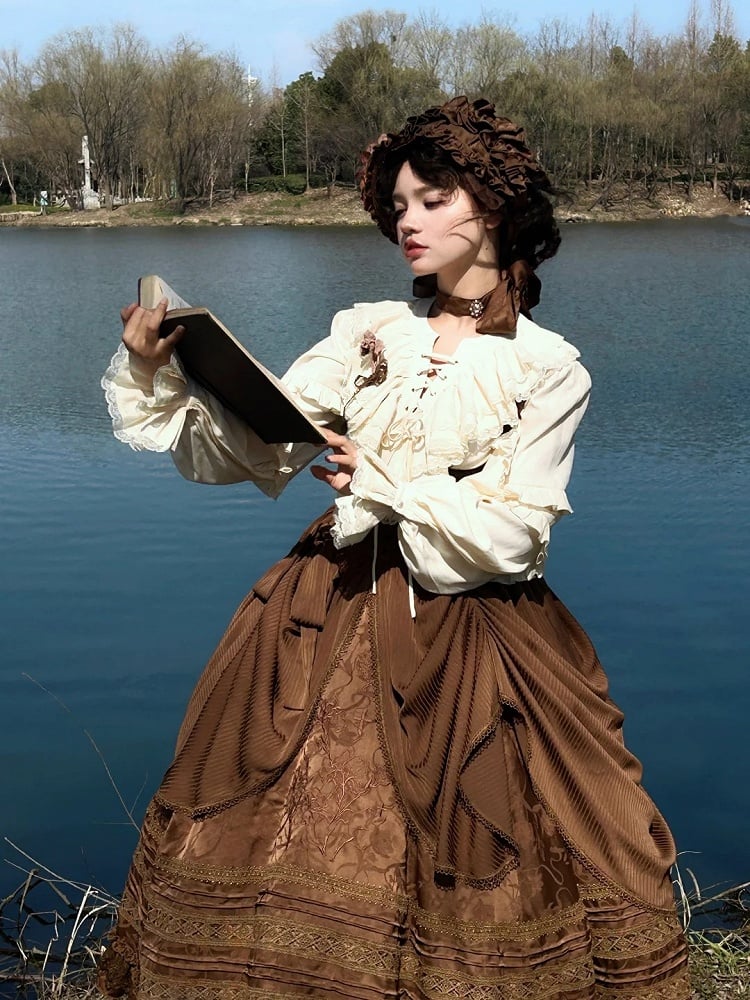 with Blouse Sleeves Long Ruffled Yellow Lace-Up Light Front