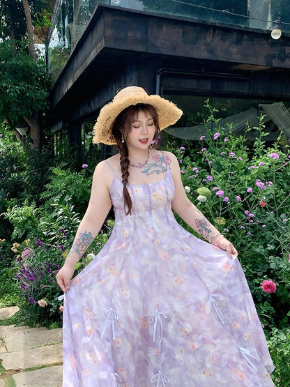 Details Chiffon-Camisole-Kleid mit Blumenmuster, drei Möglichkeiten, Übergröße, lila Schleifen