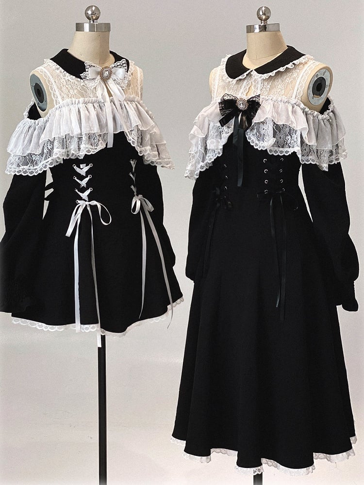 Jirai Dress Version Kei Long-Sleeve Bow Rhinestone Cutout White Shoulder Black Decor Lace Long