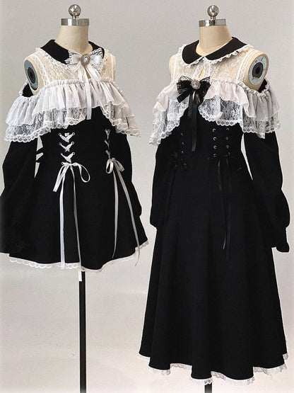 Jirai Dress Version Kei Long-Sleeve Bow Rhinestone Cutout White Shoulder Black Decor Lace Long