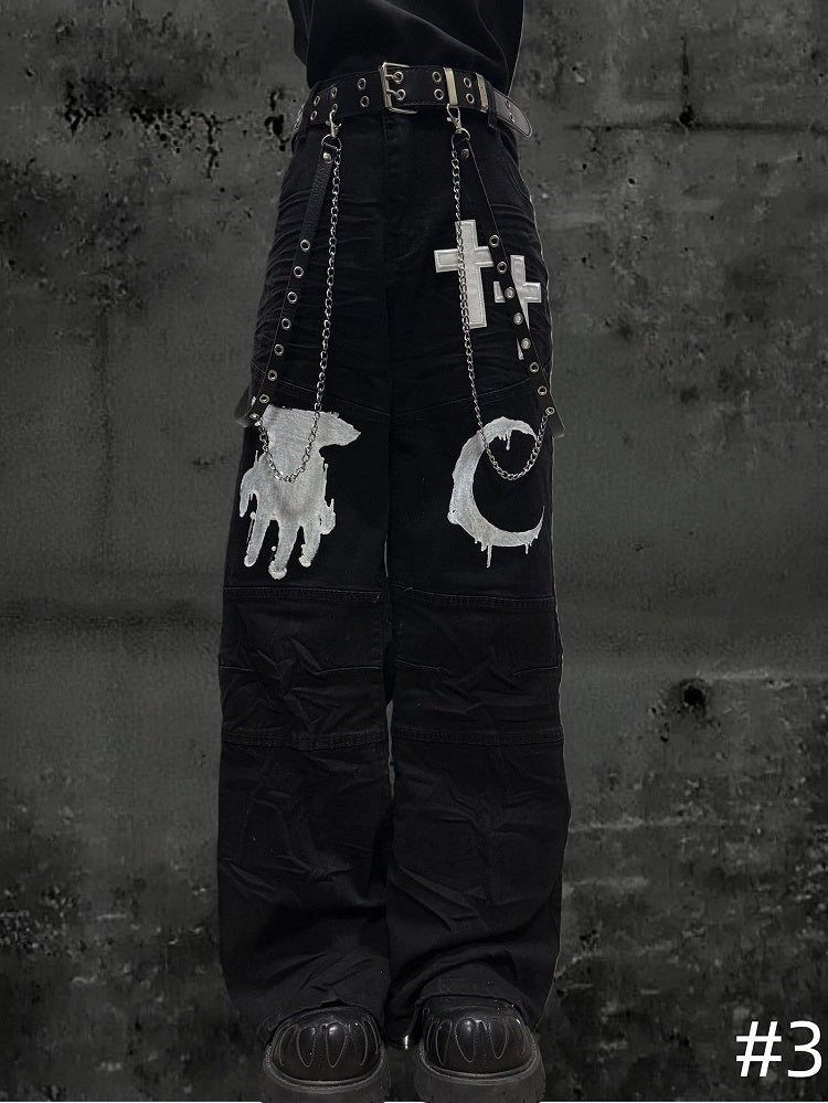 Moon with Pattern Black Cross Wide-leg Hand Jeans Patch Y2K