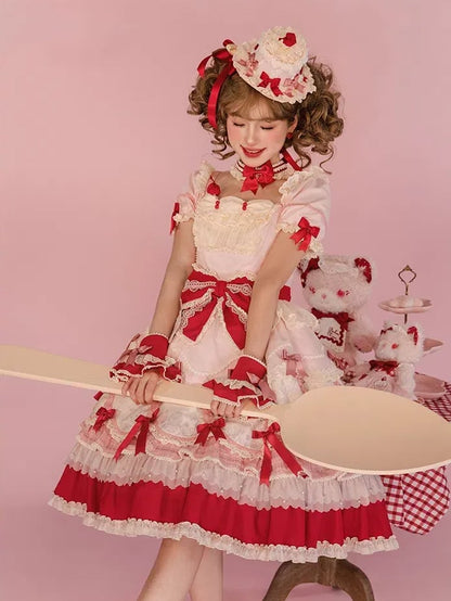 Puff Details Dress and Red Pink Lolita Sweet Bowknot Neckline Sleeves Square