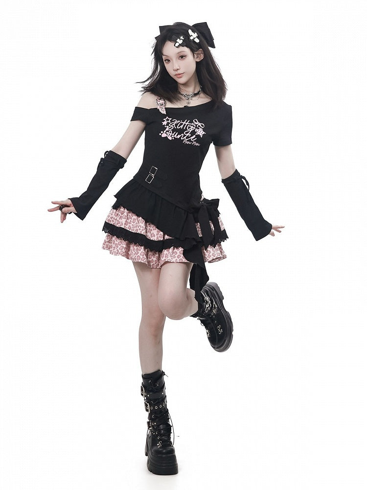 Asymmetric Black Top with Letter Print and Irregular Hem - PINK SAVIOR