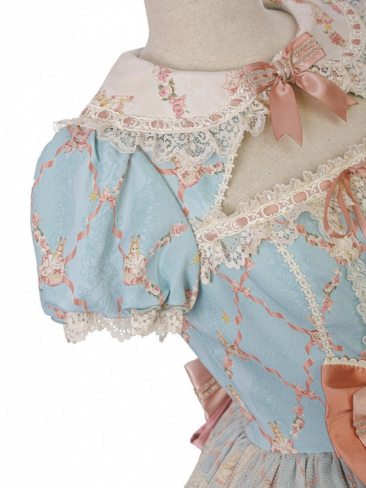 Peter Pan Collar Short-Sleeve OP Dress in Sweet Blue & Pink with Toy Bed Print - Alice Girl
