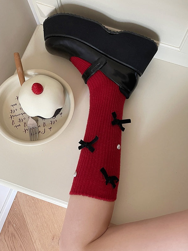 Weiße Lolita Wadensocken mit Schleife und Herz