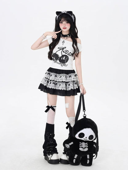 Tiered Skirt Trim Bow Details Black and White Lace