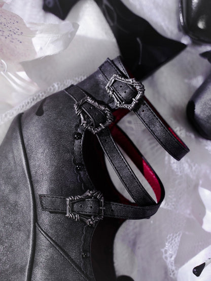 Matte Black Gothic Lolita 10cm Slope Heel Shoes with Butterfly Bow Accent - sphenoid