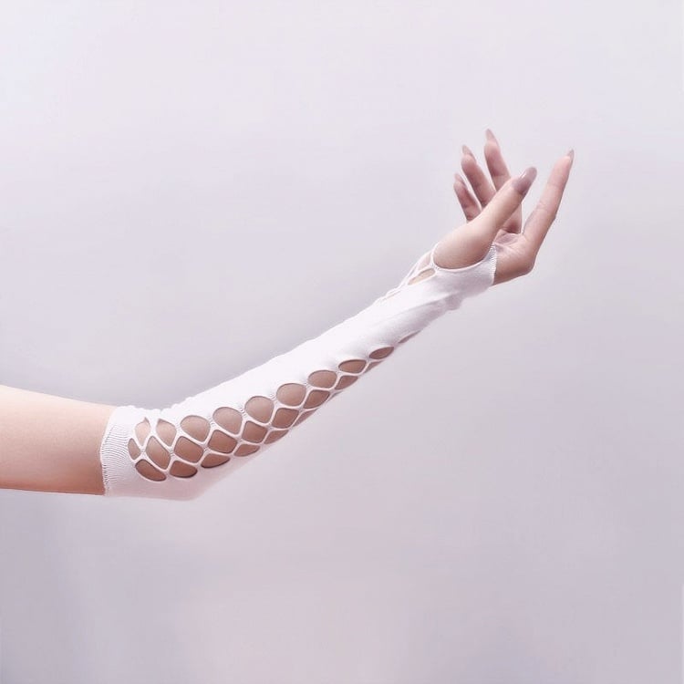 Long Gothic Gloves Black/White Punk Fishnet Style