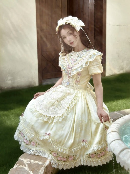 Yellow Embroidered Classic Lolita OP Dress with Scalloped Lace Hem