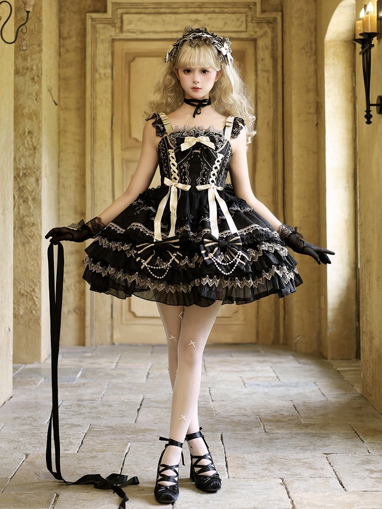 Perlen Schwarz Prinzessin Verziert Kleid Schleifen Lolita Stufenrock Kette