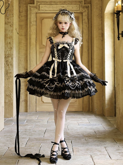 Perlen Schwarz Prinzessin Verziert Kleid Schleifen Lolita Stufenrock Kette