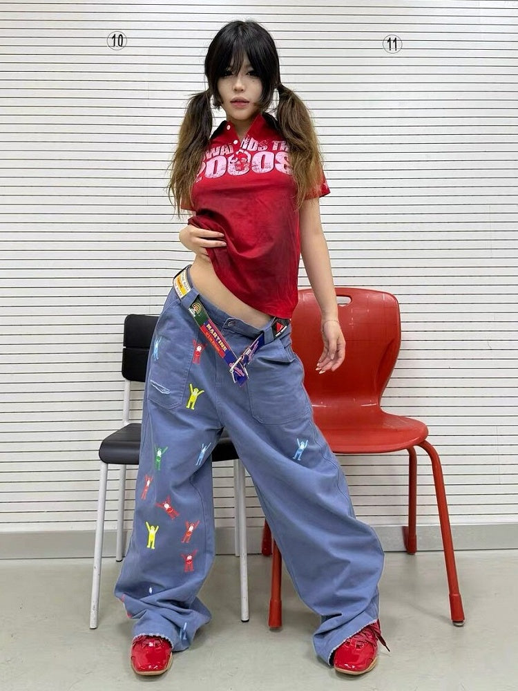 Red Letter Print Polo Shirt with Short Sleeves - DETW OnLine
