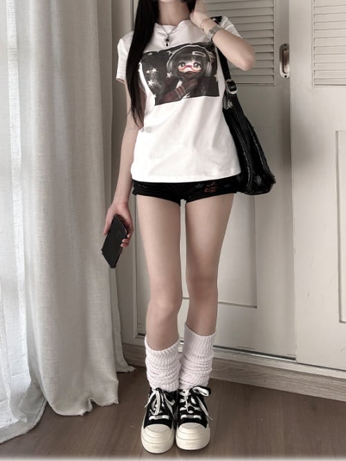 ホワイトラウンドネックBJDドールプリントヴィンテージTシャツ