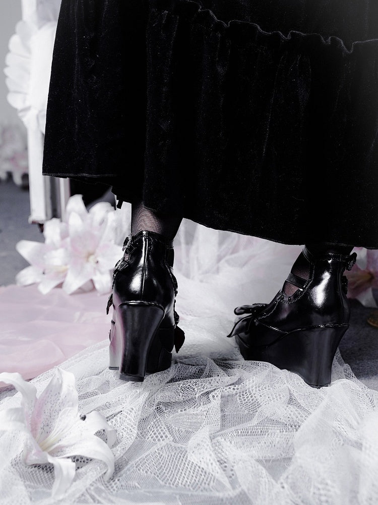 Elegant Gothic Lolita Black Shoes with Butterfly Bow & 10cm Slope Heel - sphenoid