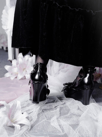Elegant Gothic Lolita Black Shoes with Butterfly Bow & 10cm Slope Heel - sphenoid