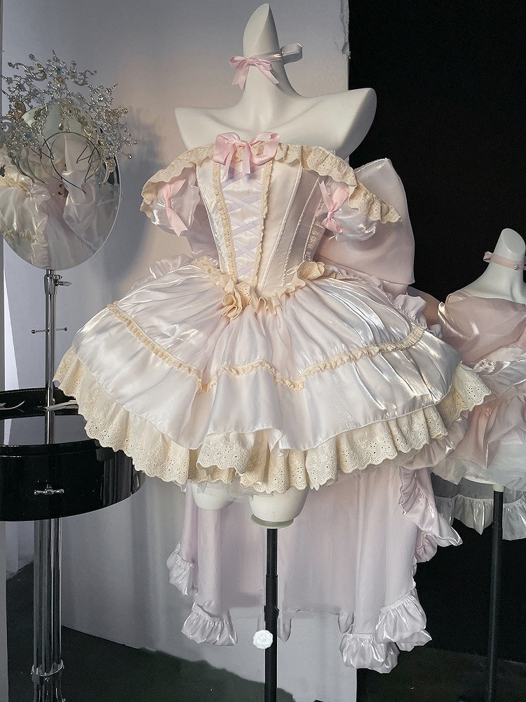 軽いドレススクエアネックラインとショートパフスリーブスイートロリータプリンセスパープルパフィー